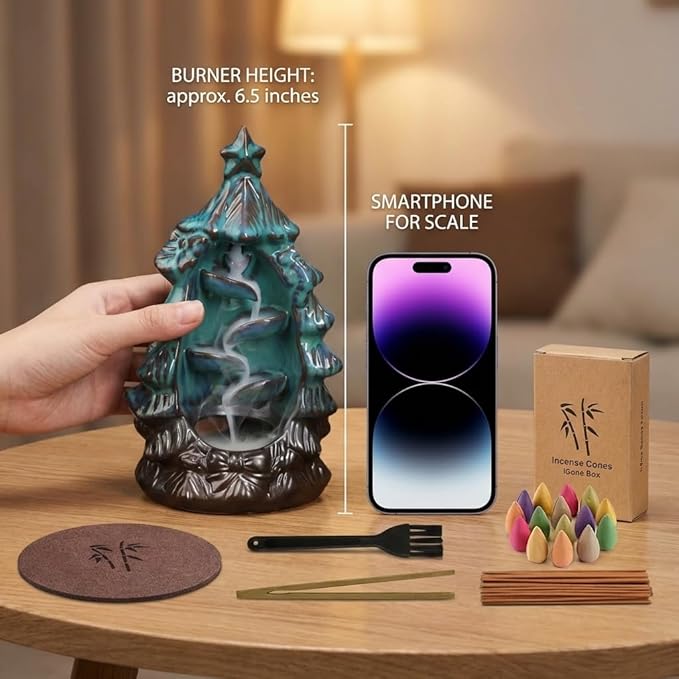 CASAFOYER Backflow Incense Holder Ceramic Waterfall Burner Set (120 Backflow Incense Cones, 30 Incense Sticks) | Complete Aromatherapy Set | Home Decor | Housewarming Gifts (Christmas Tree)