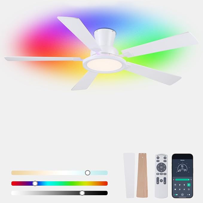 Ayaoty Ceiling Fans with Lights - 52in Flush Mount Ceiling Fan with RGB Dimmable, 3CCT 6 Wind Speeds and Reversible Quiet Motor, Low Profile RGB Fan Light for Modern Indoor, Party - White