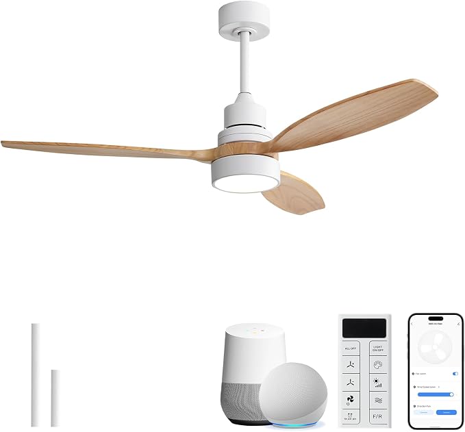 Sofucor 52 Inch Smart Ceiling Fans with Lights and Remote, 3 Blade Solid Wood Ceiling Fan Works with App/Alexa/Google, for Bedroom Living Room Patio Porch