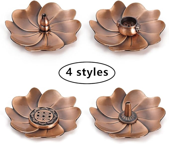 Sakura Flower Incense Holder, 5Pcs Red Bronze Incense Burner Holder with Silk Pouch, Bowl-Shape, Lotus Multi-Holes, Cone Shape and Gourd-Shape for Yoga Living Room Bedroom Home Fragrance