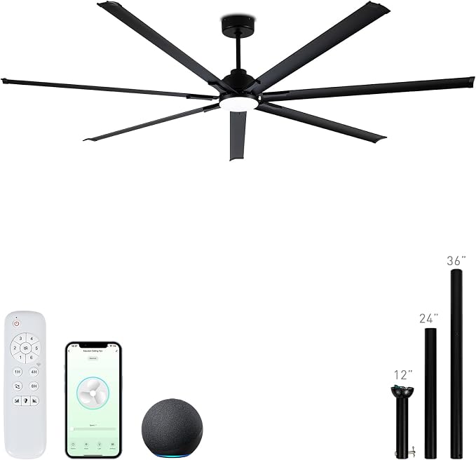 Minislak 96" Industrial & Commercial HVLS 7 Black Aluminum Blades Ceiling Fan with Light and Compatible Alexa,High CFM Brushless Motor,6-Speed,Indoor Outdoor Ceiling Fan for Patio,Garage,Shop,Library