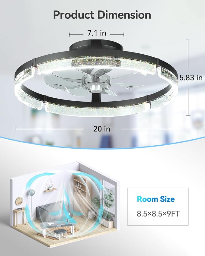 addlon Ceiling Fans with Lights and Remote, 20'' Low Profile Ceiling Fans, 3000-6000K Dimmable Modern Flush Mount LED Fan Light, Fandelier Ceiling Fan for Bedroom, Kitchen, Living Room