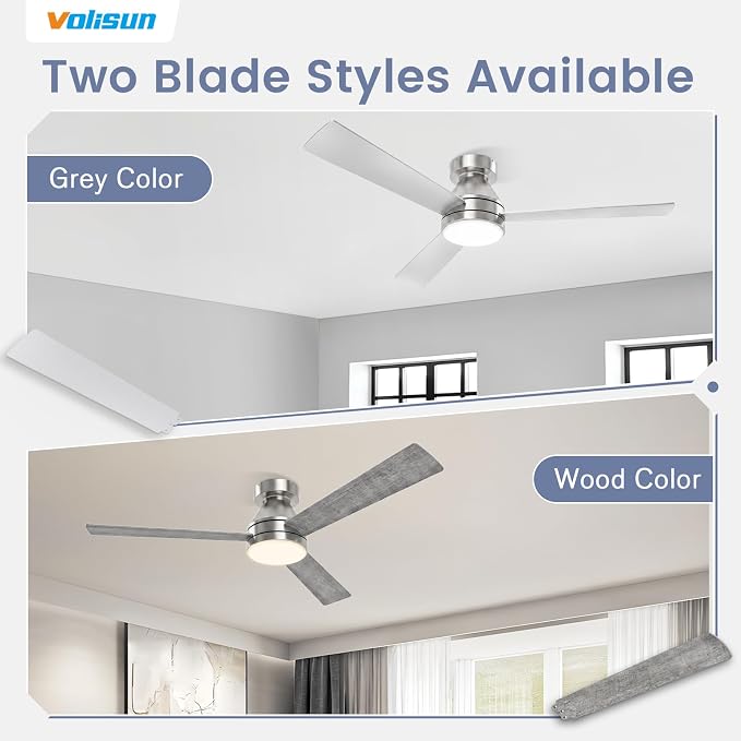 VOLISUN Ceiling Fans with Lights Flush Mount, 42 inch Low Profile Ceiling Fan with Light and Remote, Queit & Reversible Motor,3CCT, Dimmable, Modern Ceilings Fans for Bedroom, Living Room(Nickel)