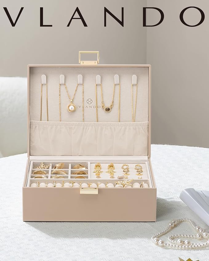 VLANDO Jewelry Box for Women, Gift for Women Girls,2 Layer Jewelry Box,Large Jewelry Organizer for Women Removable Jewelery Tray for Necklace Earrings Rings (Toffee)