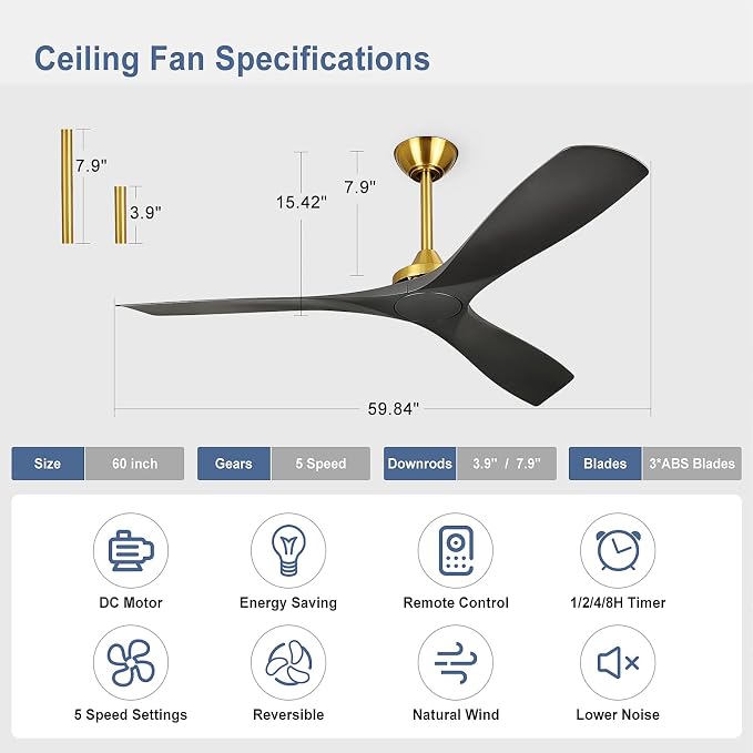 Modern Ceiling Fan with Remote: Black and Gold Ceiling Fans 3 Blades - 60 Inch Ceiling Fan No Light for Covered Outdoor Living Room Bedroom