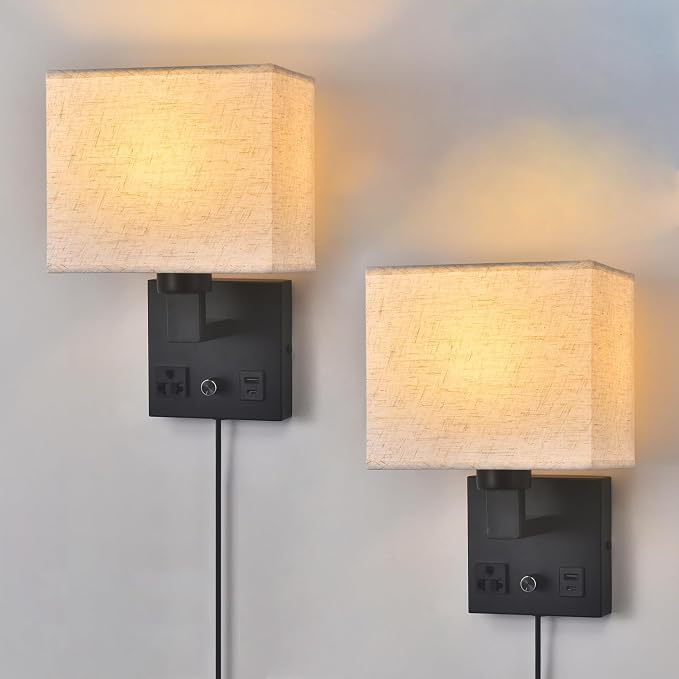 Bedside Wall Lamp for Bedroom, Plug in Wall Sconce - Dimmable Switch with AC Outlet & USB Charging Port, Fabric Shade, Black Wall Mounted Light for Living Room, Hotel (B8045-2Pack)