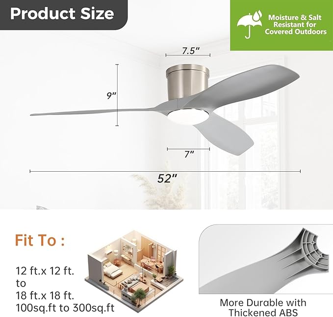 Sofucor 52 Inch Smart Ceiling Fan with Lights, Modern Low Profile Flush Mount Ceiling Fan with 6500CFM, Compatible with Alexa/Google/App, 3 Plastic Blade, Dimmable Timer Reversible DC Motor, ETL, ABS