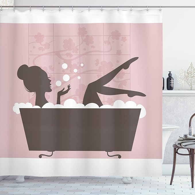 Ambesonne Feminine Shower Curtain, Woman in Bath Tub Spa Treatment Relaxing Concept Vintage Style, Cloth Fabric Bathroom Decor Set with Hooks, 69" W x 84" L, Grey Pink