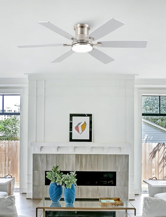 52inch Low Profile Ceiling Fan with Light and Remote/APP Control, LED Dimmable DC ReversibleModern, Flush Mount,6 Blade,Nickel Ceiling Fan for Bedroom Living Room/Outdoor Use