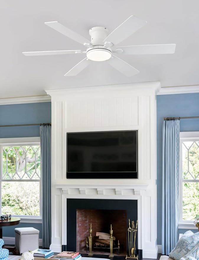 52inch Low Profile Ceiling Fan with Light and Remote/APP Control, LED Dimmable DC ReversibleModern, Flush Mount,6 Blade,White Ceiling Fan for Bedroom Living Room/Outdoor Use