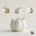 Hermit Life Incense Burner with 9 Holes Stick Holder, Lotus Bud or Tripod Ding Shape Design and Matte Ceramic Surface for Home Décor, Incense Stick Holder with Ash Catcher (White Lotus Bud)