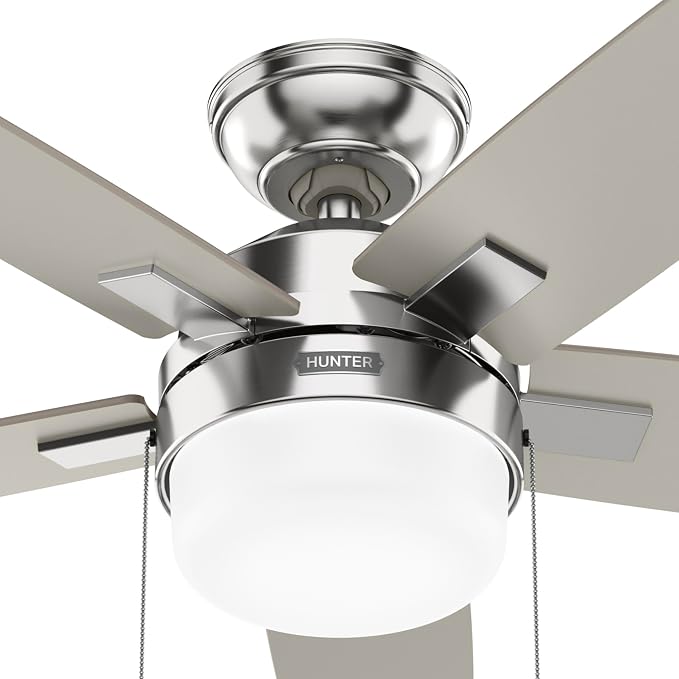 Hunter 44" Anisten Indoor Ceiling Fan, Light, Pull Chain, Brushed Nickel | WhisperWind whisper-quiet motor, DuraLight lens, and 3" downrod support bedrooms, offices, and small rooms year-round.
