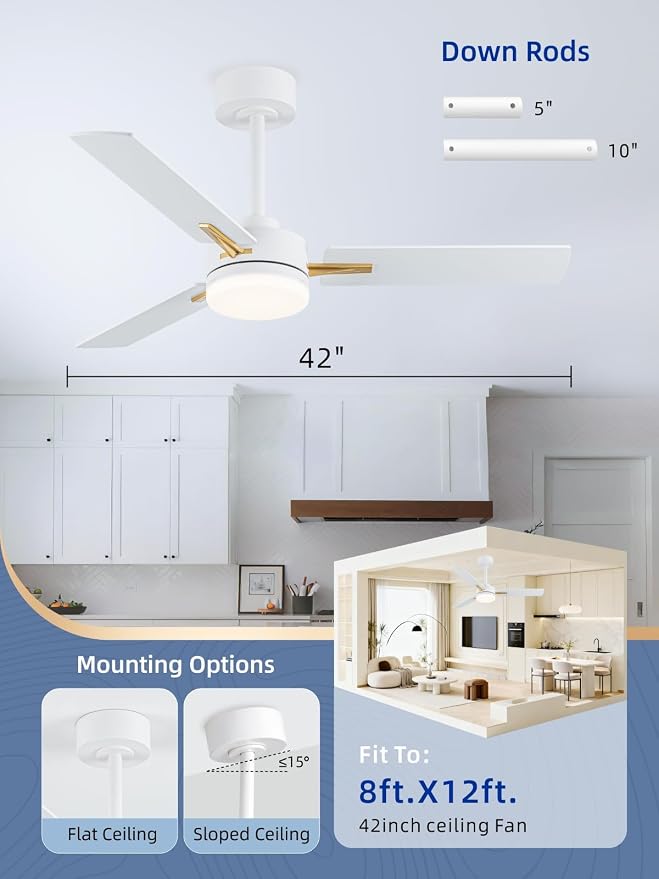 LANMEL 42 Inch Ceiling Fans with Lights, App&Remote Control, Low Profile Modern Ceiling Fan, 6 Speed, Reversible, 3000k-6500k Dimmable LED, Quiet DC Motor for Indoor Outdoor Use, Gold White