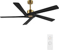 WINGBO 72" DC Ceiling Fan No Light with 3 Downrods, 5 Carved Solid Wood Blades, 6-Speed Reversible DC Motor, Black Large Ceiling Fan without Lights in Brass Finish, ETL Listed
