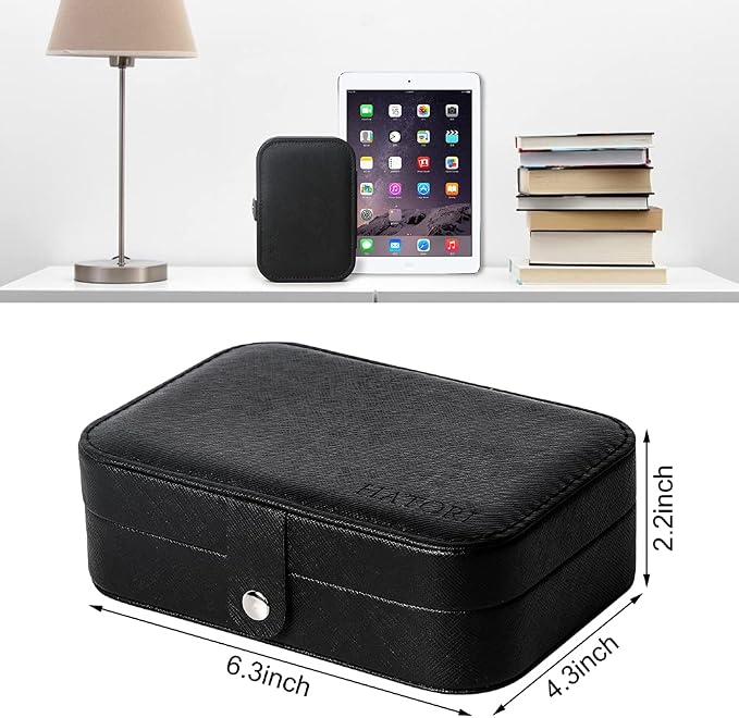Hatori Travel Jewelry Box, PU Leather Small Jewelry Organizer for Women Girls, Double Layer Portable Mini Travel Case Display Storage Holder Boxes for Stud Earrings, Rings (Black Beige)