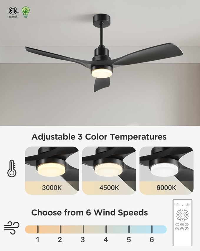60 Inch Ceiling Fans with Lights Remote, Black Ceiling Fan, 3 Downrods, 3 Wood Blades, ETL Listed, Timer, 6 Speed Reversible DC Motor Outdoor Fans for Patios Bedroom Farmhouse, 60in, Black