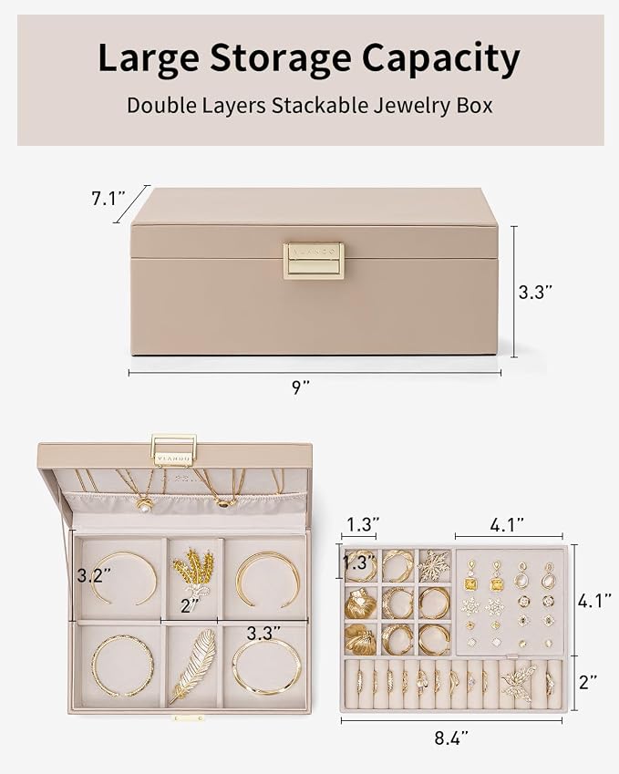 VLANDO Jewelry Box for Women, Gift for Women Girls,2 Layer Jewelry Box,Large Jewelry Organizer for Women Removable Jewelery Tray for Necklace Earrings Rings (Toffee)