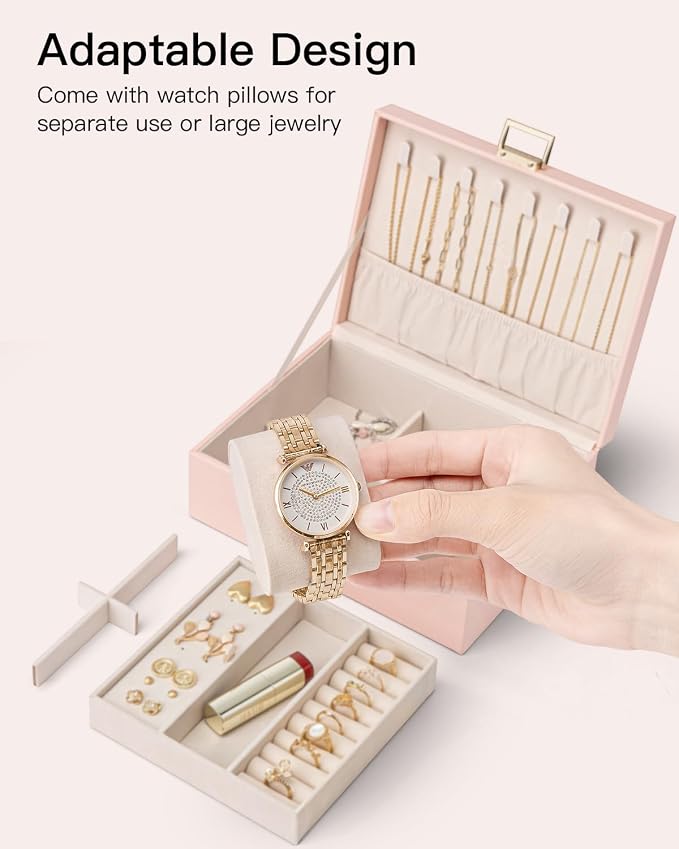 VLANDO 2 Layer Jewelry Box Large Jewelry Organizer for Women Removable Jewelery Tray with Watch Pillow for Necklace Earrings Rings Bracelets Jewelry Boxes for Holidays Gifts (Pink)