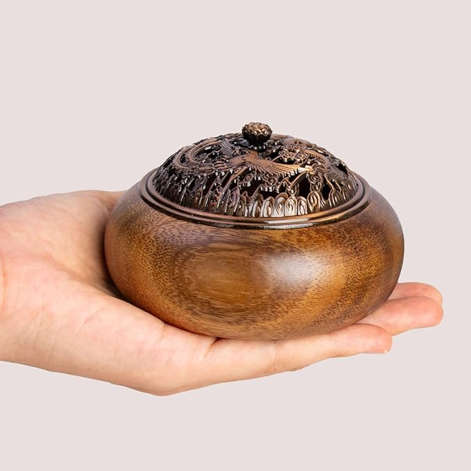2 Pack Incense Cone Holder, Wooden Incense Burner with Brass Cover, Bakhoor Burners for Sticks Coil, Frankincense Room Home Decor Yoga Spa Meditation (R)