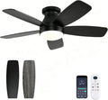 FUMLTP 42inch Ceiling Fans with Lights, Low Profile Ceiling Fan with Light and Remote Control, Flush Mount, Reversible DC Motor, Dimmable, Quiet, Black Small Ceiling Fan for Bedroom Indoor/Outdoor Use