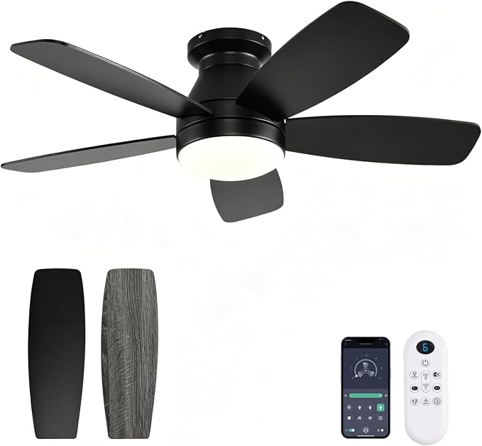 FUMLTP 42inch Ceiling Fans with Lights, Low Profile Ceiling Fan with Light and Remote Control, Flush Mount, Reversible DC Motor, Dimmable, Quiet, Black Small Ceiling Fan for Bedroom Indoor/Outdoor Use