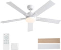 Rayqueen 52 Inch White Ceiling Fans with Lights and Remote,Includes Downrod | 6 Speed Reversible DC motor,3-color temperature dimmable LED.For indoor/covered outdoor.Modern style for bedroom room