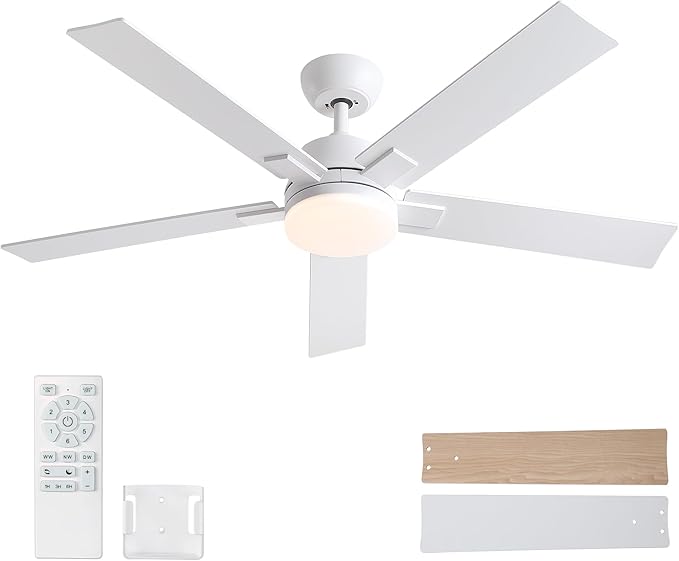 Rayqueen 52 Inch White Ceiling Fans with Lights and Remote,Includes Downrod | 6 Speed Reversible DC motor,3-color temperature dimmable LED.For indoor/covered outdoor.Modern style for bedroom room