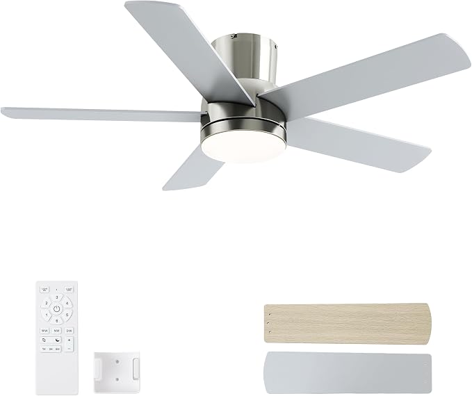 42 Inch Flush Mount Brushed Nickel Ceiling Fan with Light and Remote | 6-Speed Quiet Reversible DC Motor, Dimmable 3CCT LED, 3 Timing Settings, 5-Blade Modern Design, Indoor or Covered Outdoor Use