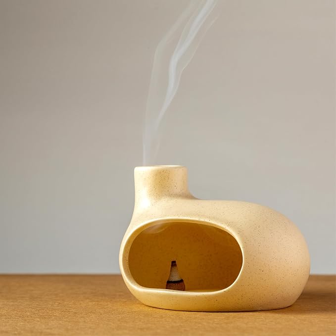 MOUGIGI Palo Santo Holder - Ceramic Incense Burner for Palo Santo Sticks, Cone, and Spiritual Sage - Modern Chiminea for Meditation - Handcrafted Smudge Bowl and Meditation Gift