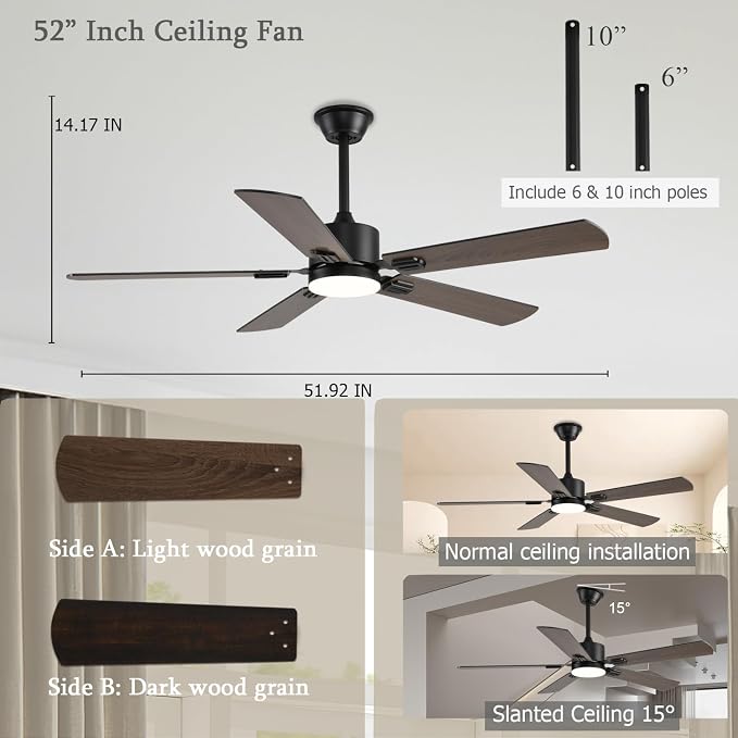 FUMLTP 52 inch Modern Ceiling Fans with Lights APP/Remote Control, Low Profile Reversible 6 Speeds Dimmable Ceiling Fan Light for Indoor/Outdoor Bedroom Living Room（Brown）