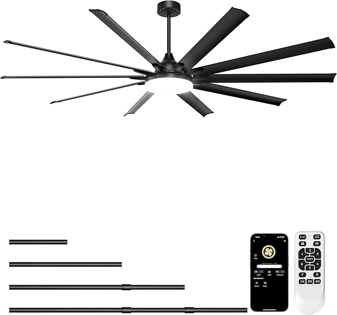 Ohniyou 96" Industrial Ceiling Fan with Bright Lights, High CFM Shop Fan | Remote/App Control, 10 Aluminum Blades, Extra Large Metal Fan for Covered Patio, Gym, Warehouse, Black