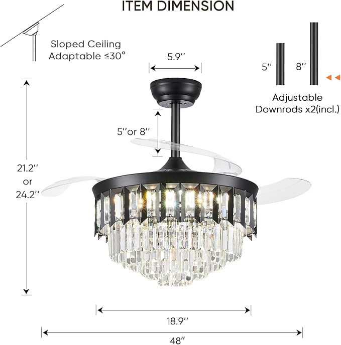 TXCSLY 48" Fandelier Ceiling Fan with Light, Crystal Chandelier Fan with Retractable Blades Dimmable Crystal Ceiling Fan Chandelier for Bedroom Living Room Dining Room-Black