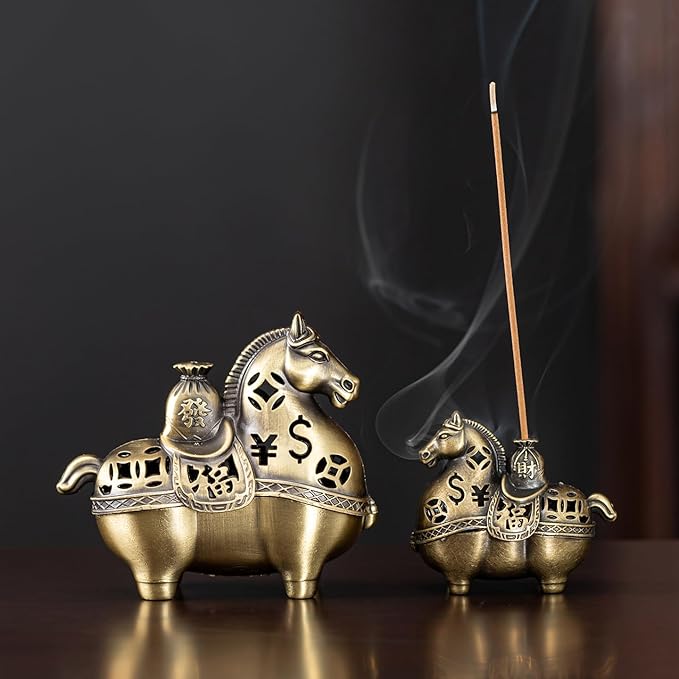 Gallop Toward Prosperity: Alloy Horse Incense Burner Holder-2-in-1 Stick & Coil Incense Tray,Feng Shui Home Decor for Meditation,Yoga,Office (Small)