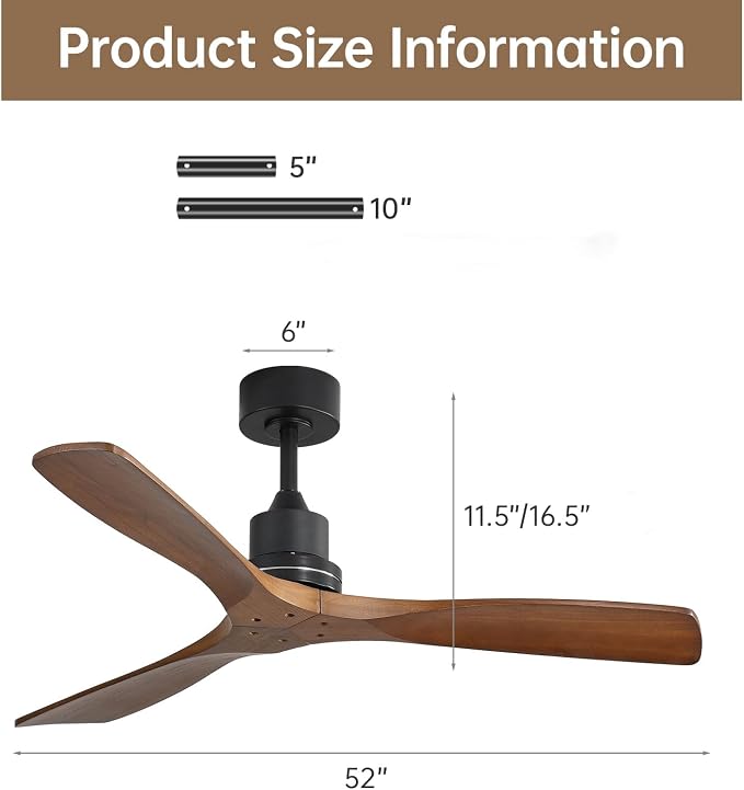 Sofucor 52 inch Ceiling Fan No Light, Solid Wood Indoor/Outdoor Ceiling Fans Without Lights, Remote Control, Reversible DC Motor, 3 Blade Low Profile Ceiling Fans for Patios, Bedroom, Farmhouse