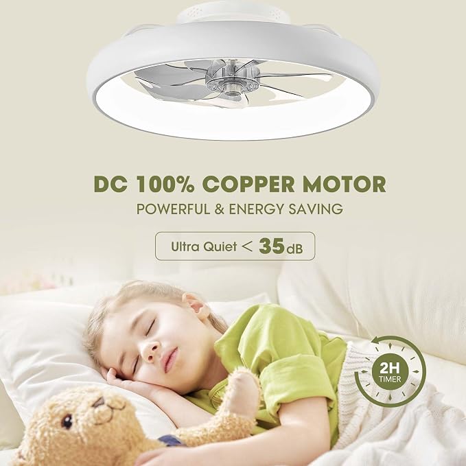 LUDOMIDE 20" Modern White Flush Mount Ceiling Fan with Lights, 6 Wind Speeds, LED, Voice Control, Bedroom, Living Room, Kitchen