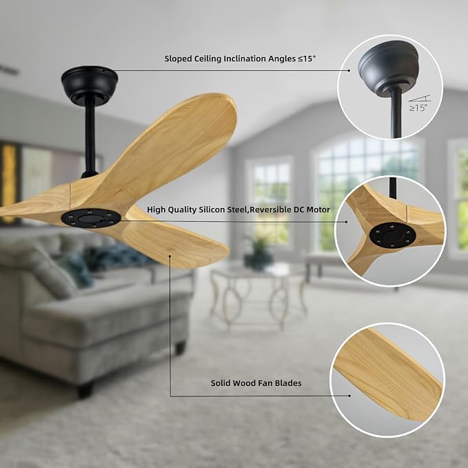 Contemporary Style 52 Inch Wooden Ceiling Fan, Boom Mounted, with Remote Control, Reversible DC Motor, Suitable for Living Room, Bedroom, Dining Room, Terrace, Farmhouse