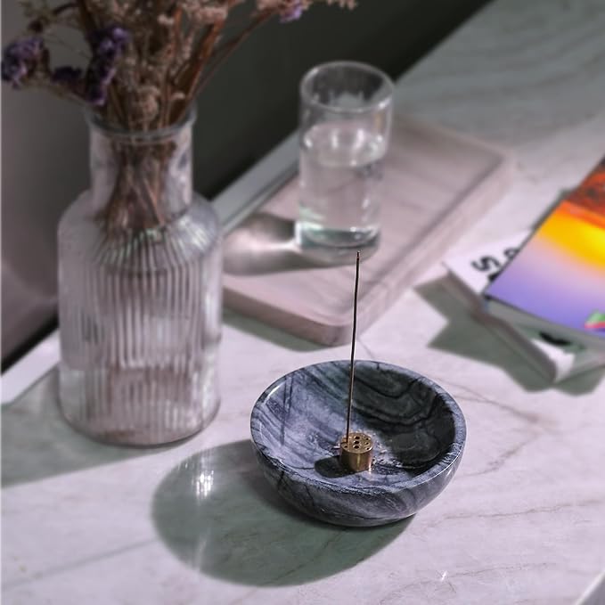 Koville Natural Marble Incense Holder, 5inch Incense Holders for Sticks, Sturdy Incense Burner Ash Catcher, Ideal for Meditation, Relaxing, Easy to Clean(Wooden Black)