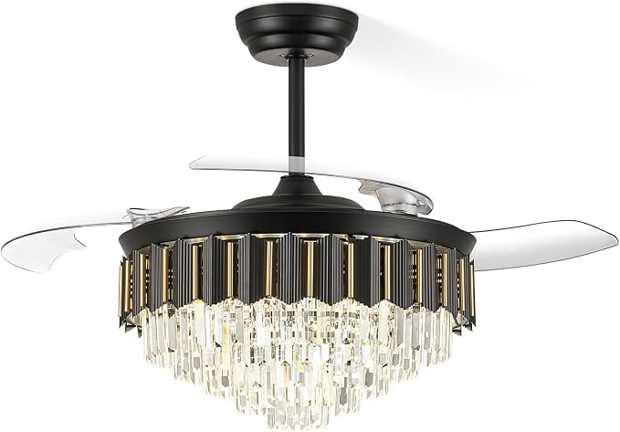 52 Inch Chandelier Ceiling Fan, Fandelier Retractable Ceiling Fan for Bedroom Living Room, 3 Color Tempeature, 6-Speed Reversible Motor, Timer & Memory Function-Black