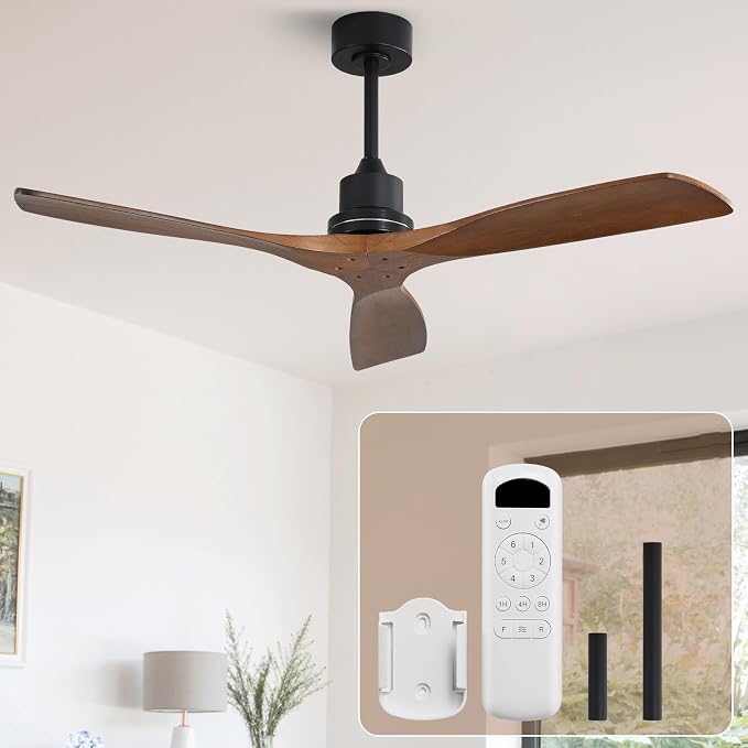 Sofucor 52 inch Ceiling Fan No Light, Solid Wood Indoor/Outdoor Ceiling Fans Without Lights, Remote Control, Reversible DC Motor, 3 Blade Low Profile Ceiling Fans for Patios, Bedroom, Farmhouse