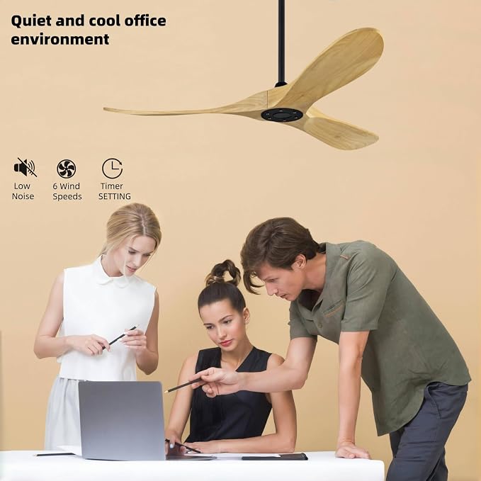 42 Inch Ceiling Fan, Without Light, with Remote Control, Silent DC Motor, 3 Blades, Modern Low Profile Ceiling Fan, For Bedroom, Living Room, Dining Room, Office (Natural Wood, 42 inch)
