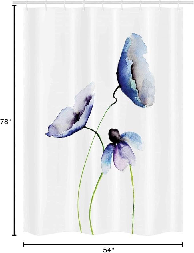 Ambesonne Watercolor Flower Stall Shower Curtain, Abstract Poppies Blossoms Simple Composition Picture, Fabric Bathroom Decor Set with Hooks, 54" W x 78" L, Blue and Green