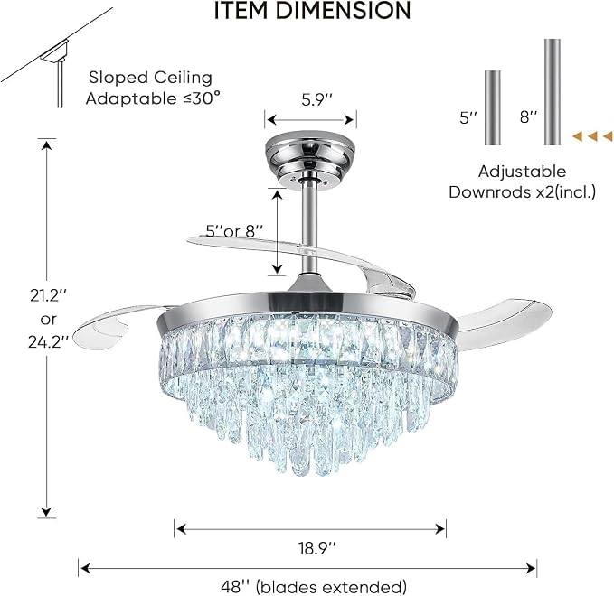 48 Inch Chandelier Ceiling Fan with Lights, Retractable Fan with Remote and APP, Crystal Fandelier Ceiling Fan, Dimmable LED, Reversible Motor, Quiet for Bedroom Living Room-Chrome