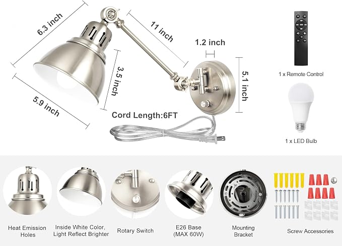 GOODATE 1 Pack Plug in Wall Sconce with Remote Control, Dimming, Adjustable Colors 2700K-6500K, Plug in Wall Light, Swing Arm Wall Lamp with Night Light & Timer, LED Bulb Included, Brushed Nickel