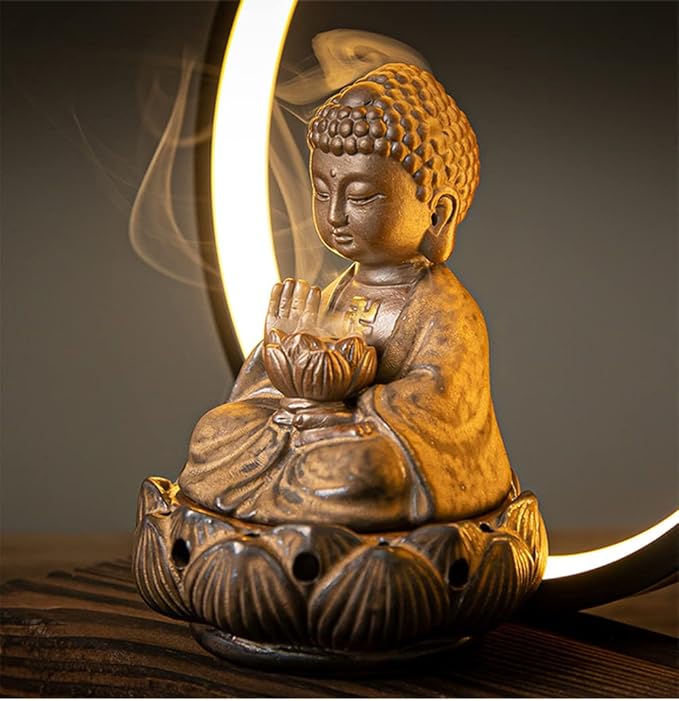 Ceramic Buddha Incense Burner Waterfall Chinese Backflow Incense Burner Holder with LED Light Incense Cones for Home Office Decor (Brown)