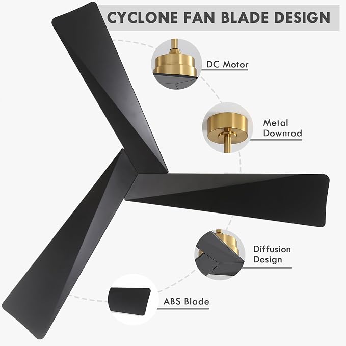 WINGBO 52" DC Ceiling Fan without Lights, Brass and Black Ceiling Fan with Remote, 3 ABS Plastic Blades, 6 Speed Reversible DC Motor, Ceiling Fans No Light for Kitchen Bedroom Living Room