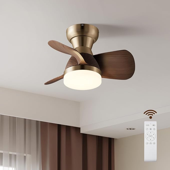 20 Inch Ceiling Fan with Light, 3 Blades Plastic Wood Grain, Brass Small Ceiling Fan with Remote Control, Suitable for Living Room, Dining Room, Bedroom