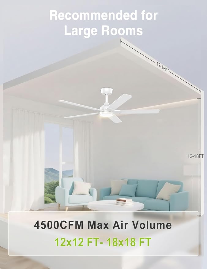 DAMINY 52 inch White Ceiling Fans with Lights,5 Blades,3CCT, Low Profile,Remote Control,for Bedroom, Kitchen,Living Room,Indoor/Outdoor Use,Downrod