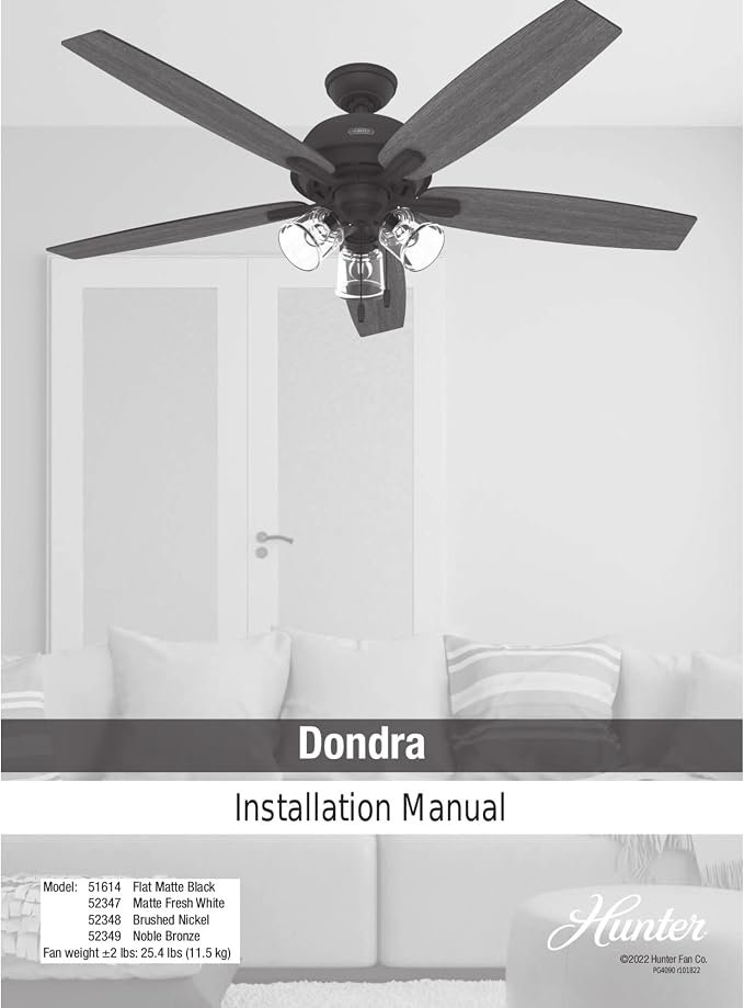 Hunter Dondra, Indoor, Ceiling Fan, with LED Lights, 60 inch, Matte Black