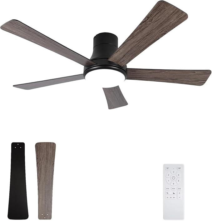 52 Inch Ceiling Fans with Lights and Remote, Flush Mount Black Ceiling Fan, 5 Blades, Dimmable, Reversible Motor, 3-Color Temperatures, 6 Speeds for Bedroom, Living Room, Patio