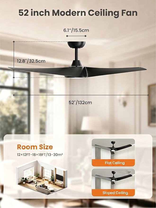 TALOYA 52 inch Modern Ceiling fan with Light, 3 Blades Ceiling Fans with Lights and remote, 3000K-6500K, Dimmable, Quiet, Outdoor Ceiling fan For Living Room, Bedroom, Patio, Farmhouse, Black